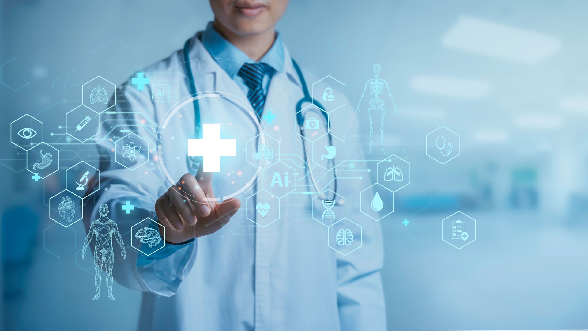 Doctor use Medical technology AI robots for diagnosis, care, and increasing the accuracy of patient treatment future. Medical research and development innovation technology to improve patient health.