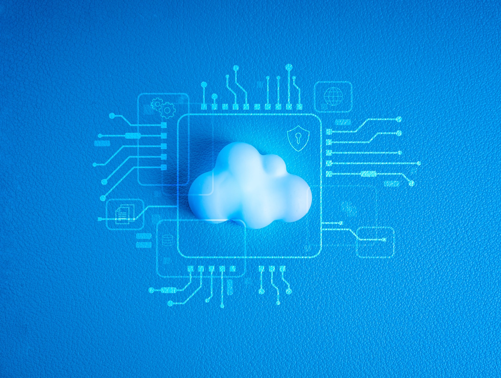 Cloud computing infrastructure technology, data system storage service concept. Modern white small cloud with digital tools management icons and circuit graphic on blue background, minimal style.